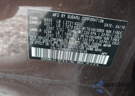 2019 Subaru Ascent Touring from USA, damaged, VIN 4S4WMARD7K3476138